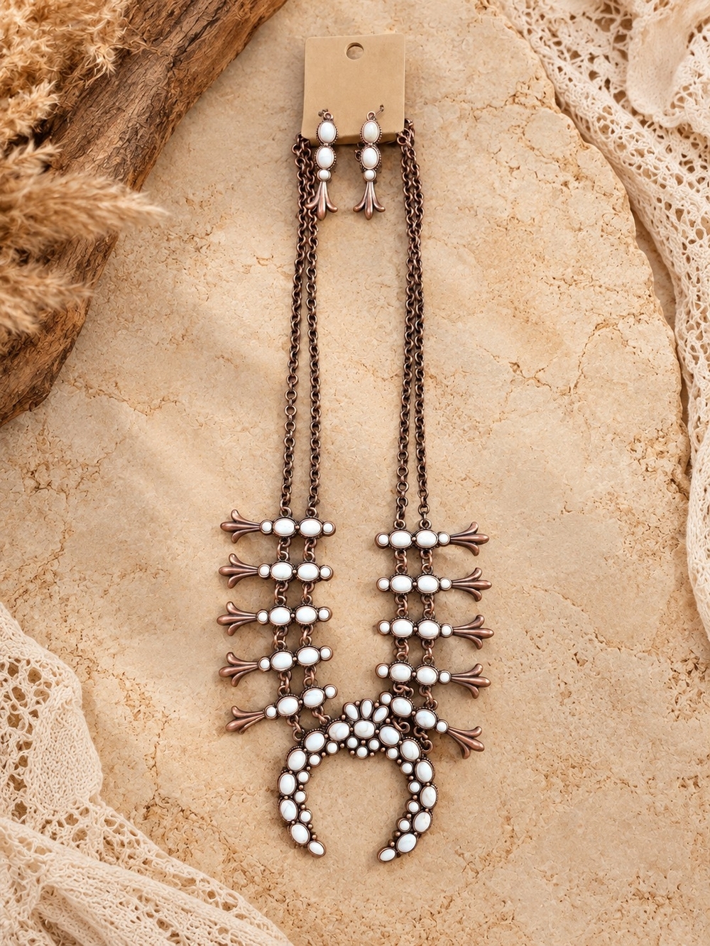Western Turquoise-Style Squash Blossom Necklace & Earrings Set